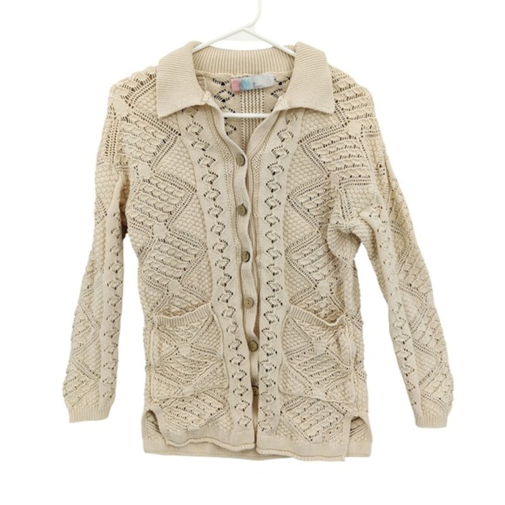 Free People Women Boho Coastal Earthy Neutral Cotton Crochet Cardigan XS Cream